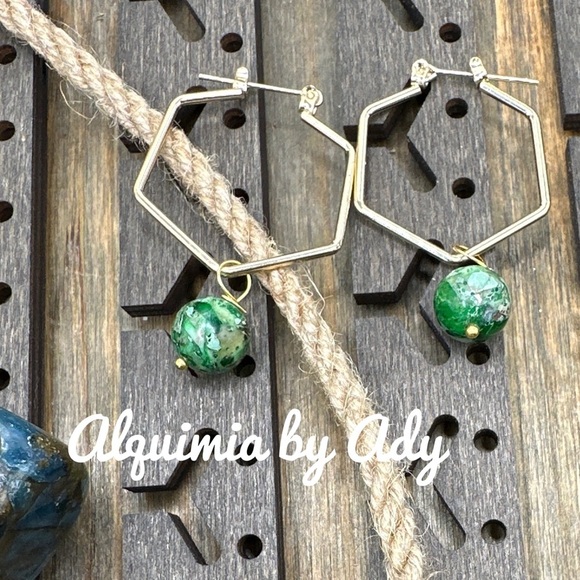 Chunky Green Turquoise drops gold hoops western style dangle long earrings - Picture 1 of 5